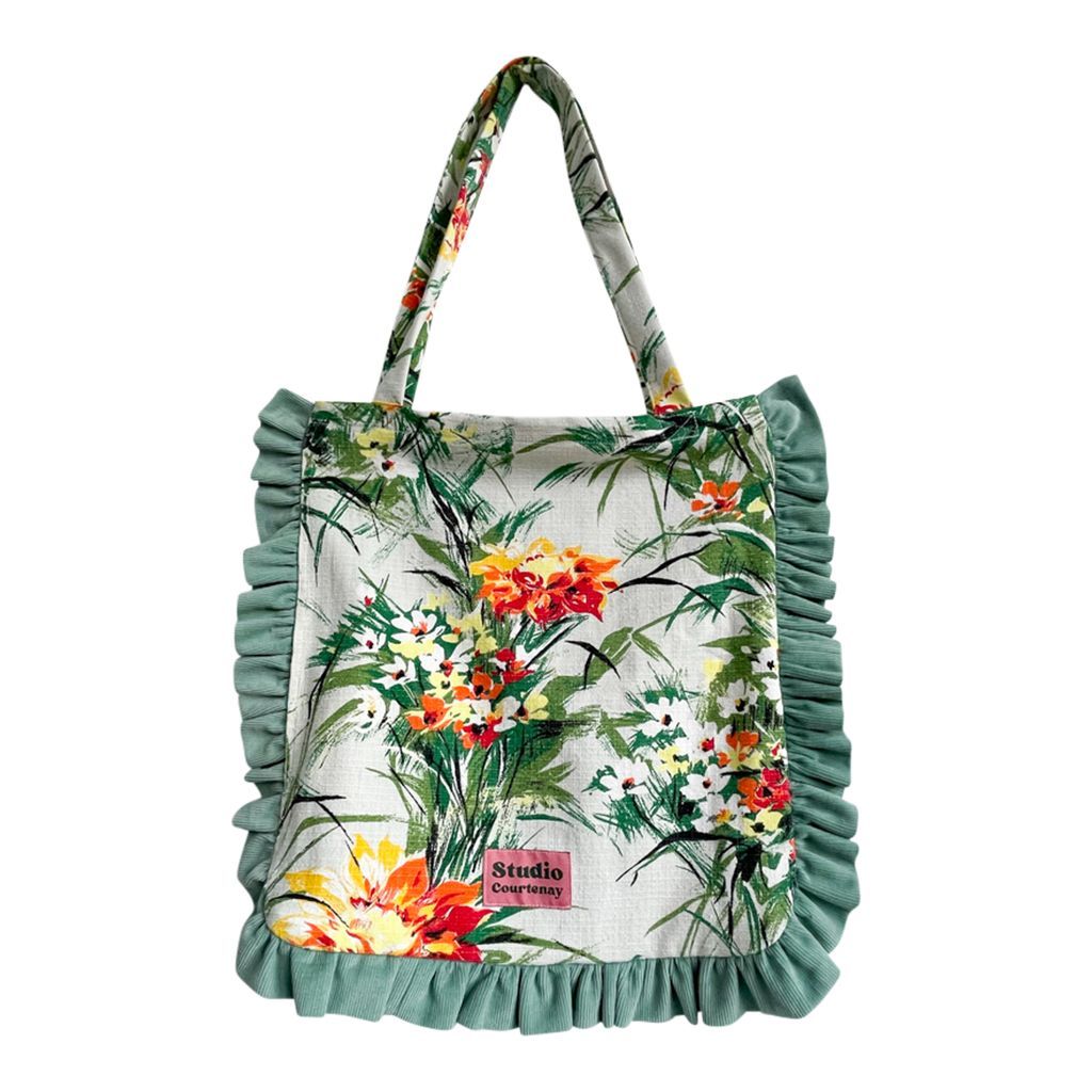 Women's Vintage Green Floral Print Fabric Deadstock Sustainable Ruffles Tote Bag One Size Studio Courtenay