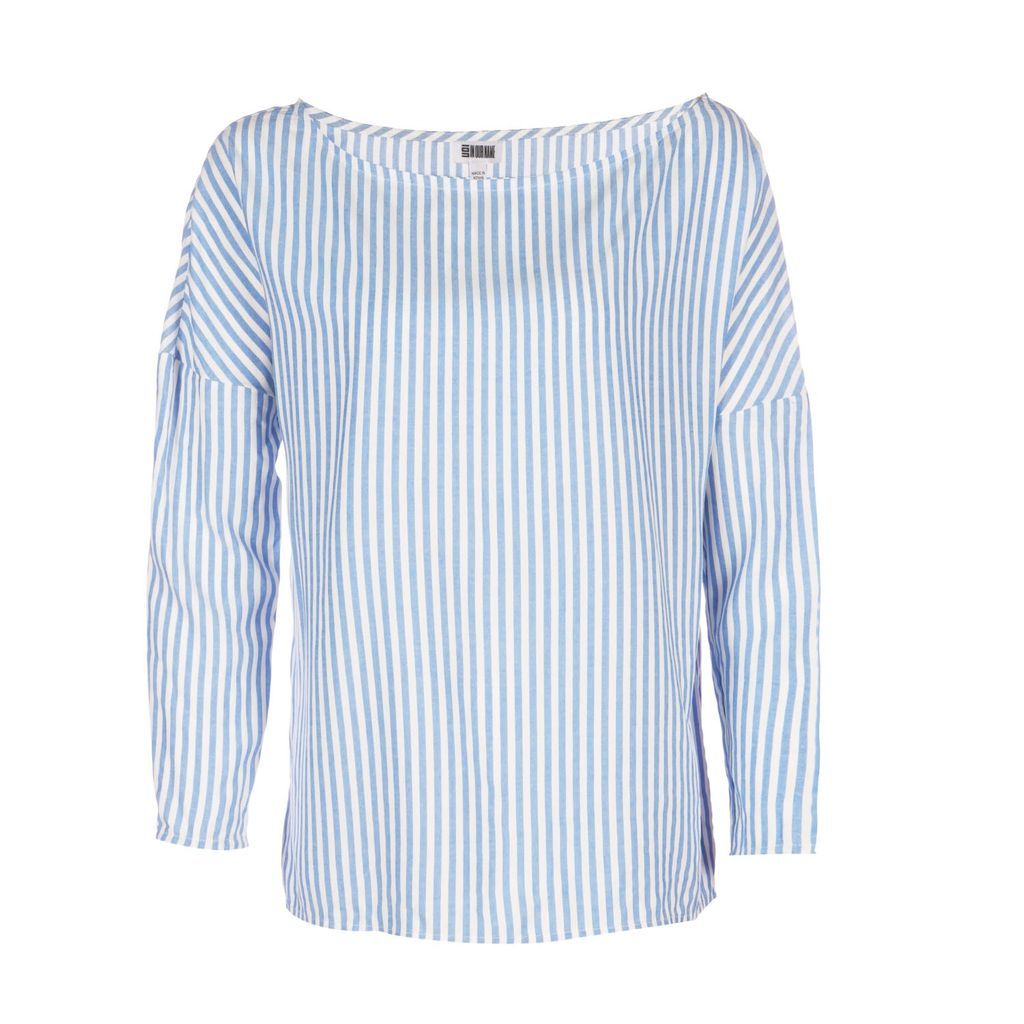 Women's White / Blue Somkaru Lenzing Ecovero Blue Stripe Wide Neck Long Sleeve Top Small IN OUR NAME