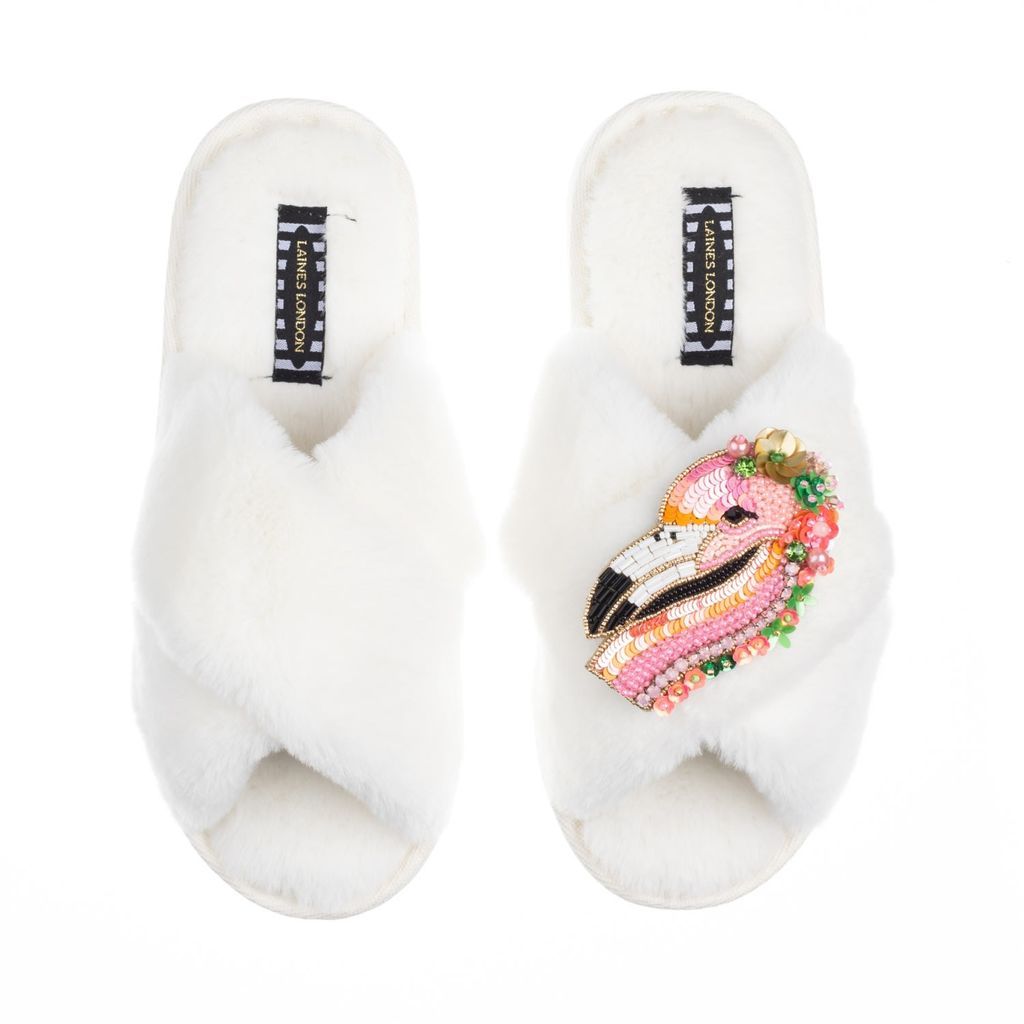 Women's White Classic Laines Slippers With Artisan Flamingo Brooch - Cream Small LAINES LONDON