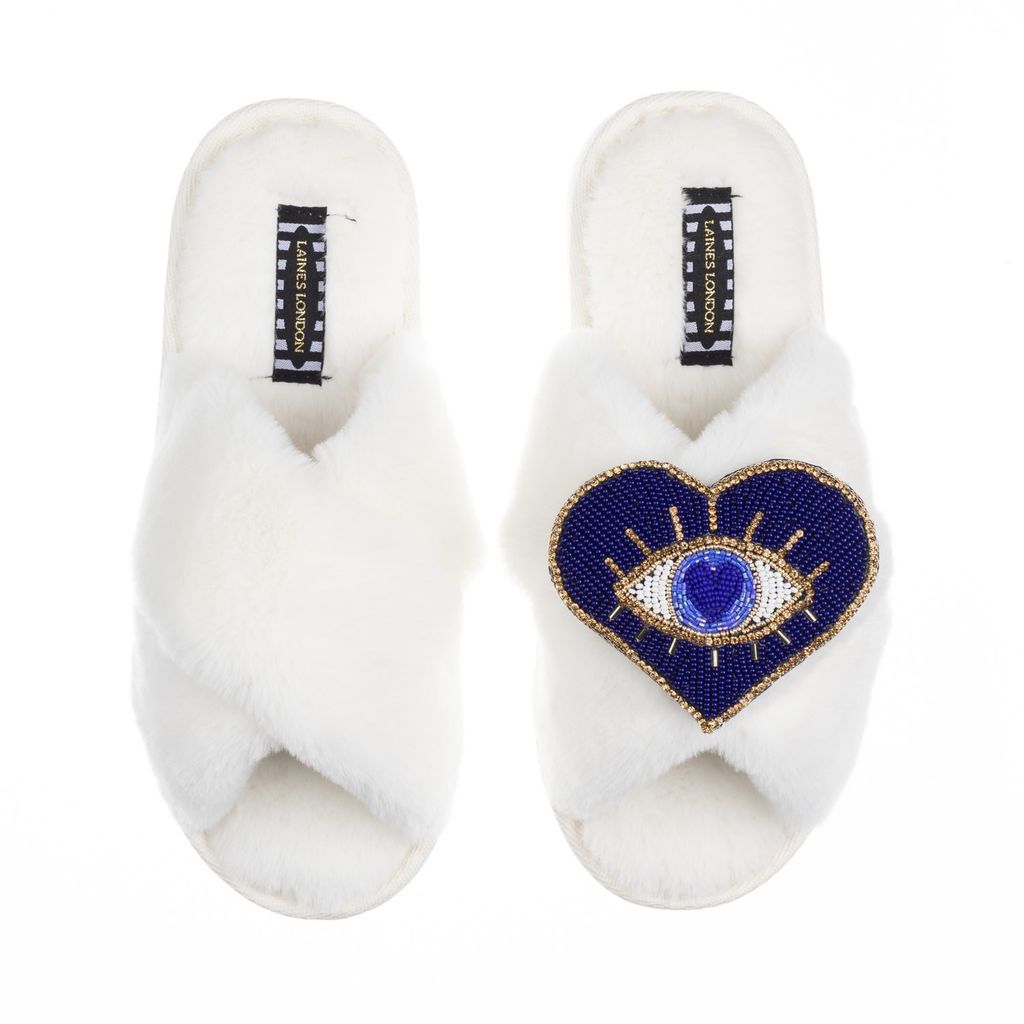 Women's White Classic Laines Slippers With Artisan Blue Heart Eye Brooch - Cream Small LAINES LONDON