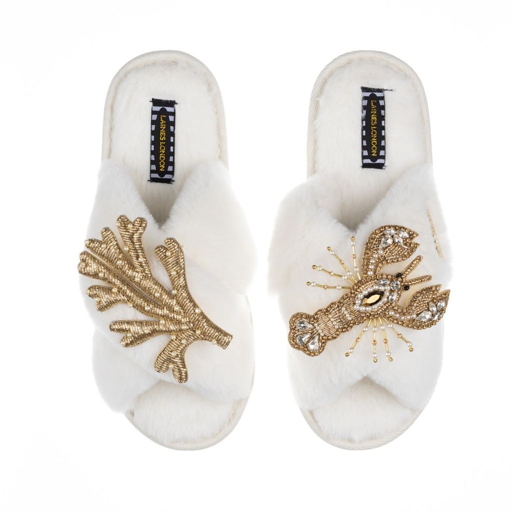 Women's White Classic Laines Slippers With Artisan Gold Coral & Lobster Brooches -Cream Small LAINES LONDON