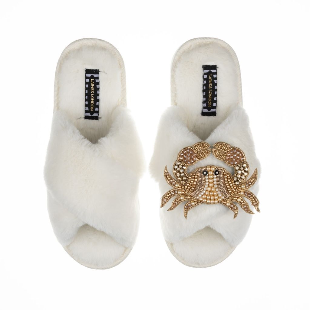 Women's White Classic Laines Slippers With Artisan Gold Crab - Cream Small LAINES LONDON