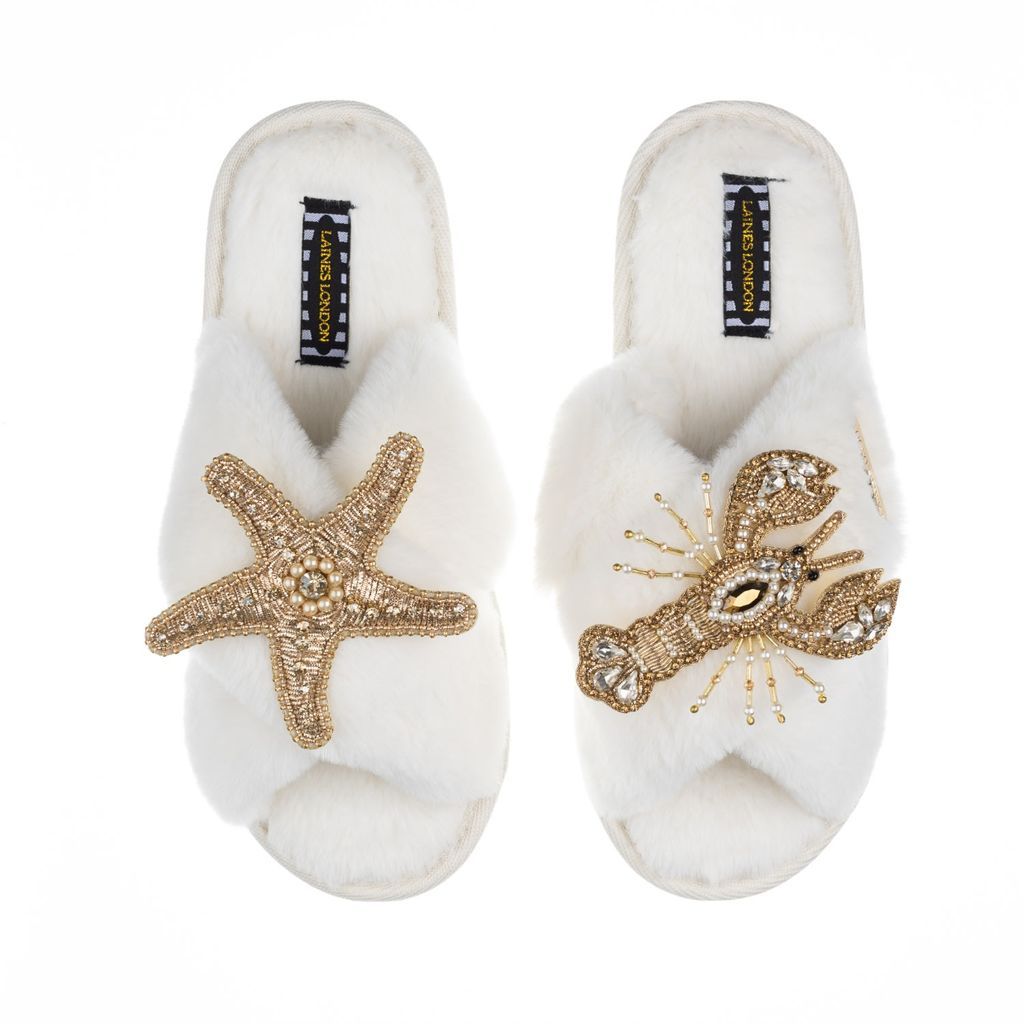 Women's White Classic Laines Slippers With Artisan Gold Starfish & Lobster Brooches - Cream Small LAINES LONDON