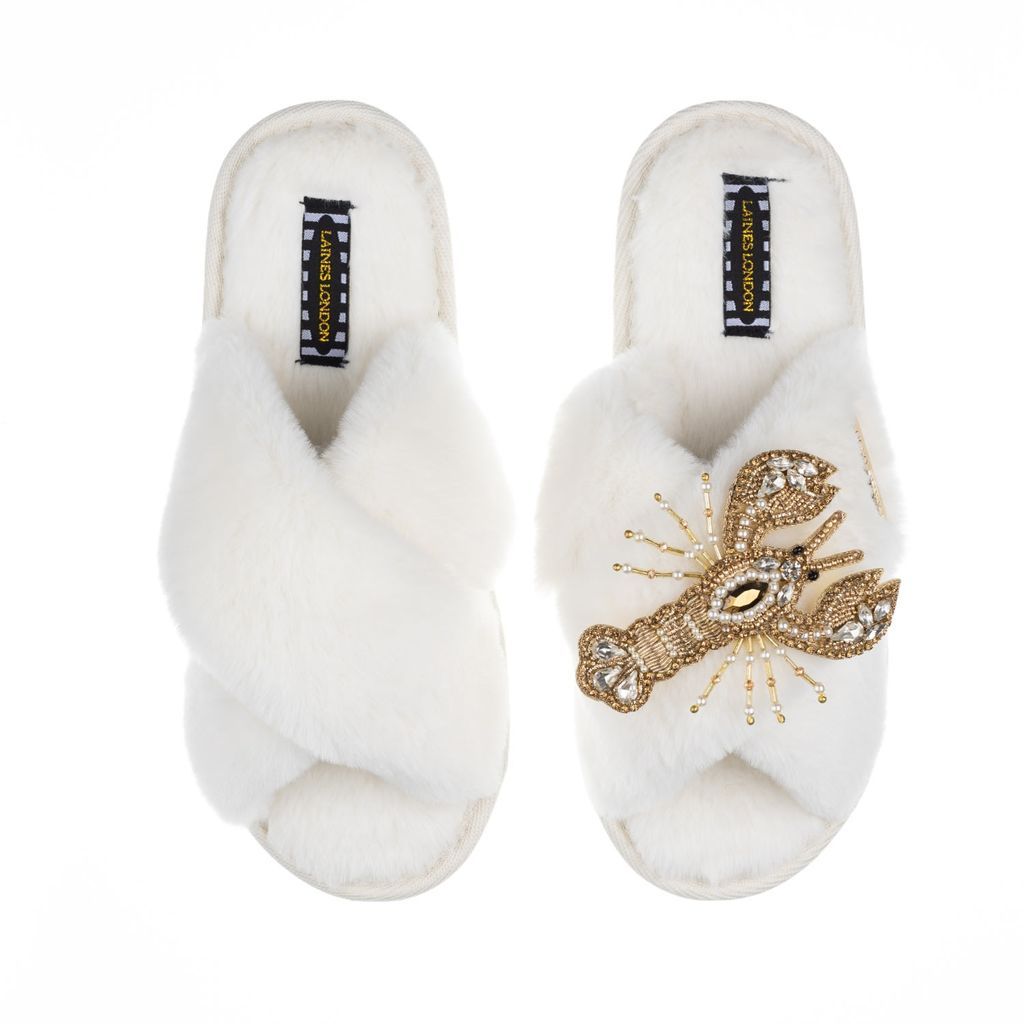 Women's White Classic Laines Slippers With Artisan Gold Lobster Brooch - Cream Small LAINES LONDON