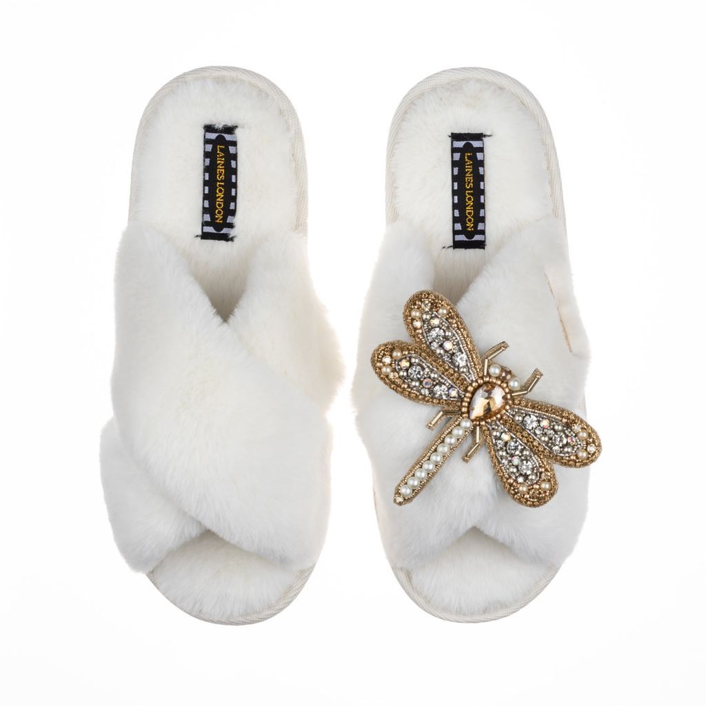 Women's White Classic Laines Slippers With Artisan Gold, Silver & Pearl Dragonfly Brooch - Cream Small LAINES LONDON