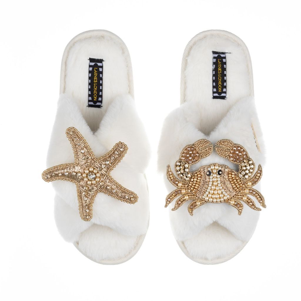 Women's White Classic Laines Slippers With Artisan Gold Starfish & Crab Brooches - Cream Small LAINES LONDON
