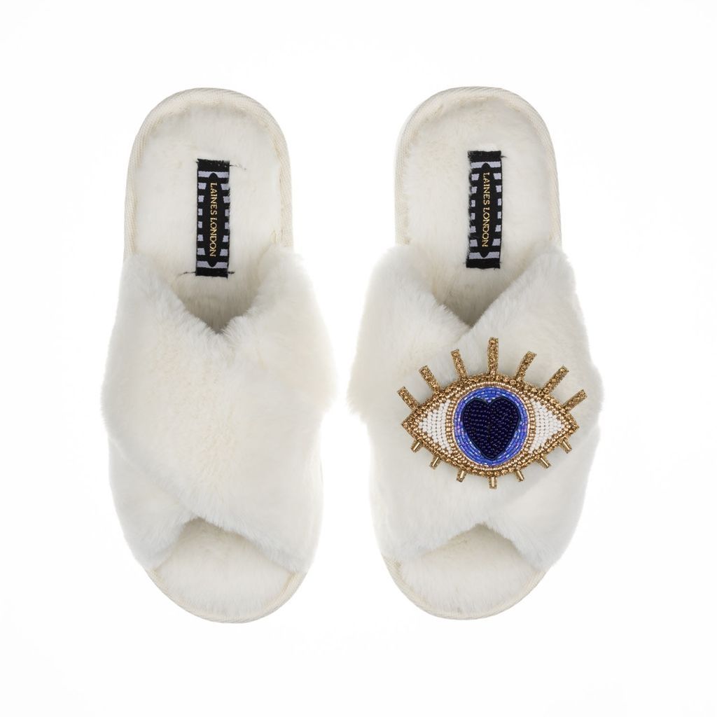 Women's White Classic Laines Slippers With Artisan Golden Blue Eye Brooch - Cream Small LAINES LONDON