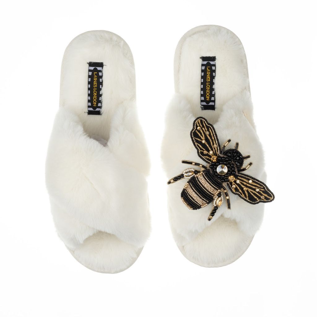 Women's White Classic Laines Slippers With Artisan Golden Honeybee - Cream Small LAINES LONDON