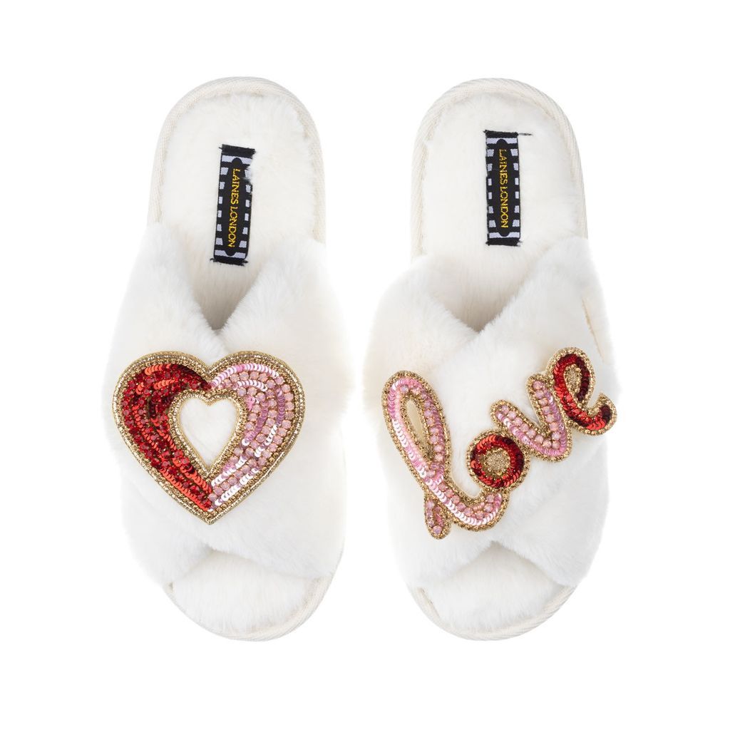 Women's White Classic Laines Slippers With Artisan Heart & Love Brooches - Cream Small LAINES LONDON