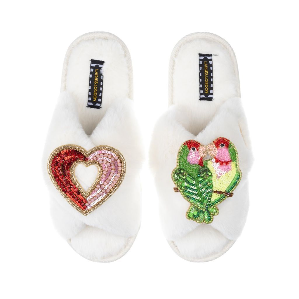 Women's White Classic Laines Slippers With Artisan Heart & Love Birds Brooches - Cream Small LAINES LONDON