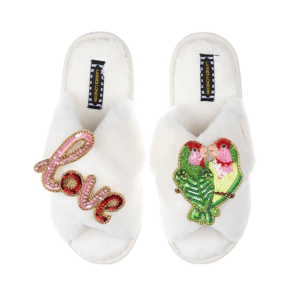 Women's White Classic Laines Slippers With Artisan Love & Love Birds Brooch - Cream Small LAINES LONDON