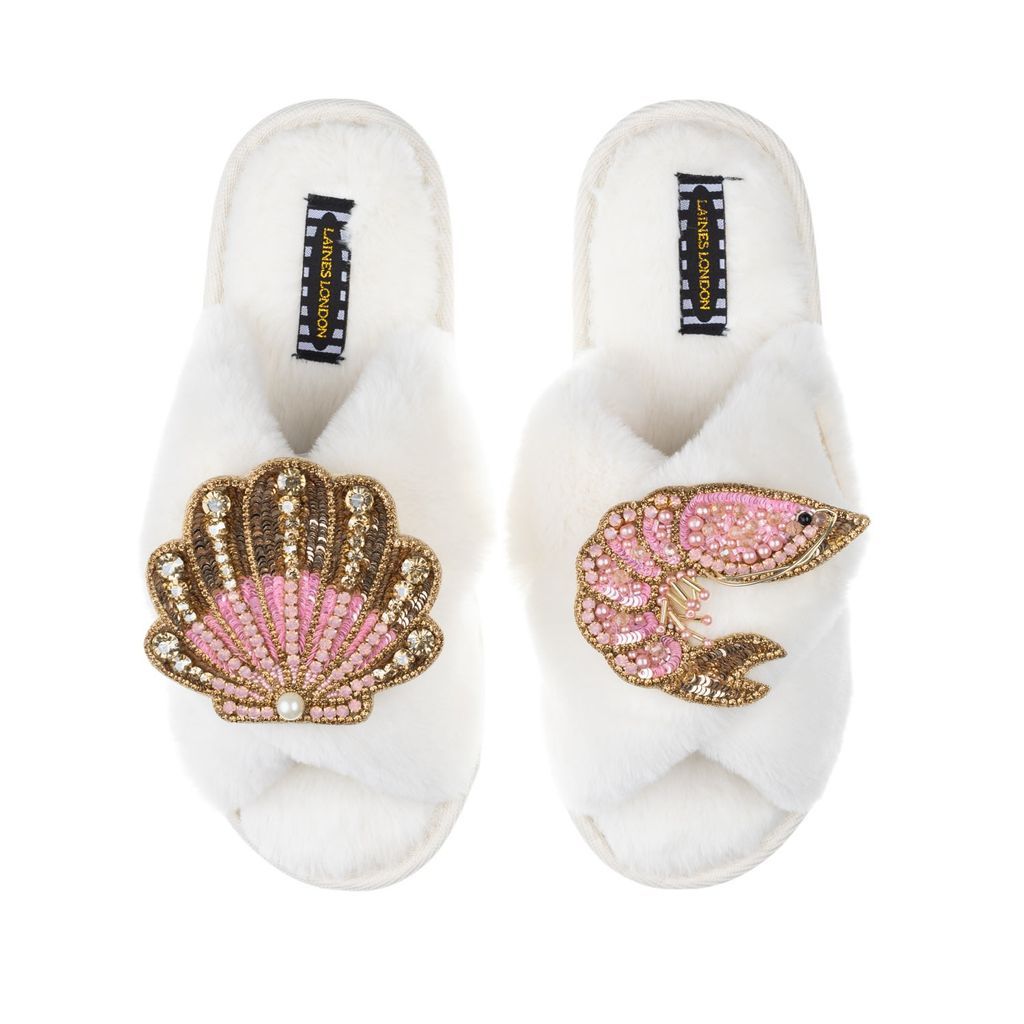 Women's White Classic Laines Slippers With Artisan Pink Prawn & Pink & Gold Shell - Cream Small LAINES LONDON