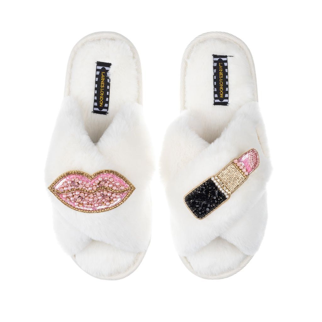 Women's White Classic Laines Slippers With Artisan Pink Pucker Up Brooches - Cream Small LAINES LONDON