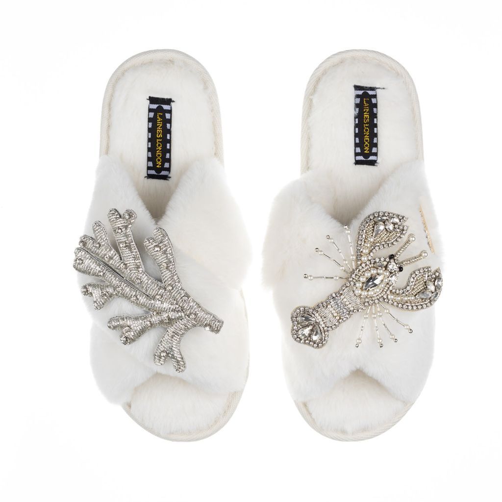 Women's White Classic Laines Slippers With Artisan Silver Coral & Lobster Brooches - Cream Small LAINES LONDON