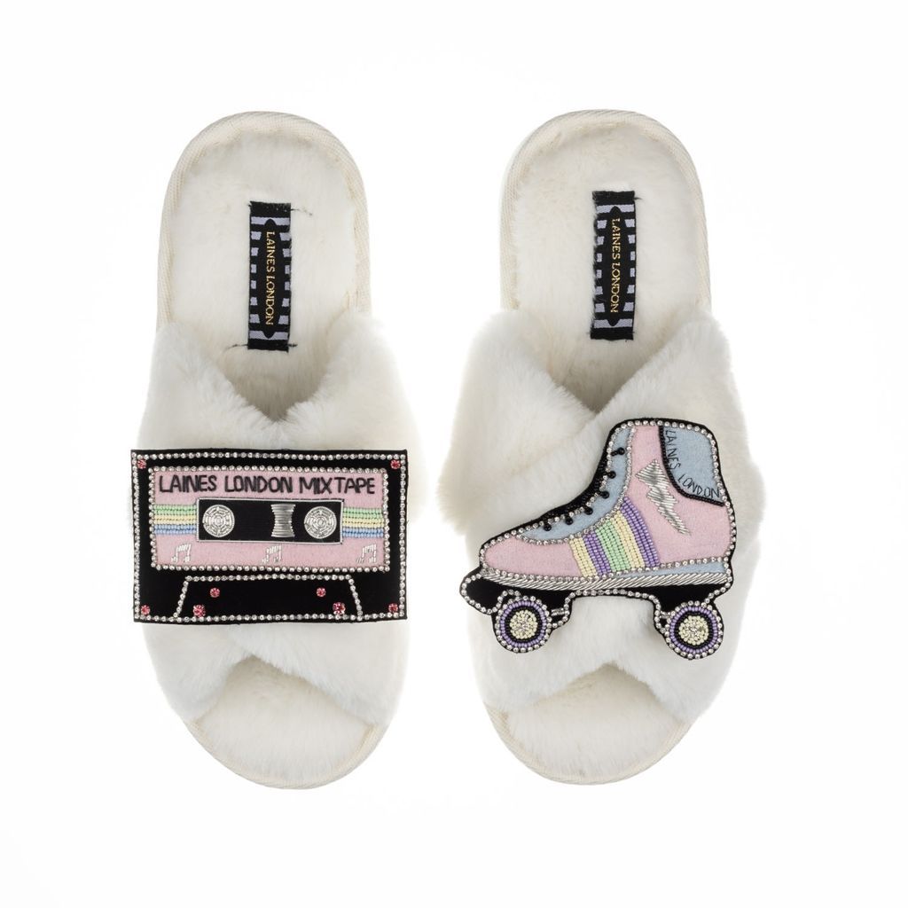 Women's White Classic Laines Slippers With Deluxe Retro Pastel Roller-Boot & Mixtape Brooches - Cream Small LAINES LONDON