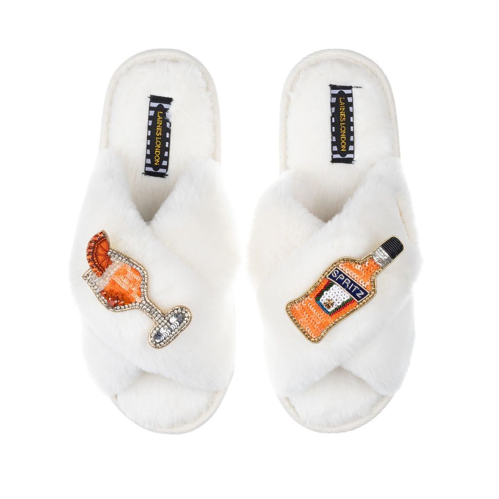 Women's White Classic Laines Slippers With Artisan Summer Spritz Brooches - Cream Small LAINES LONDON