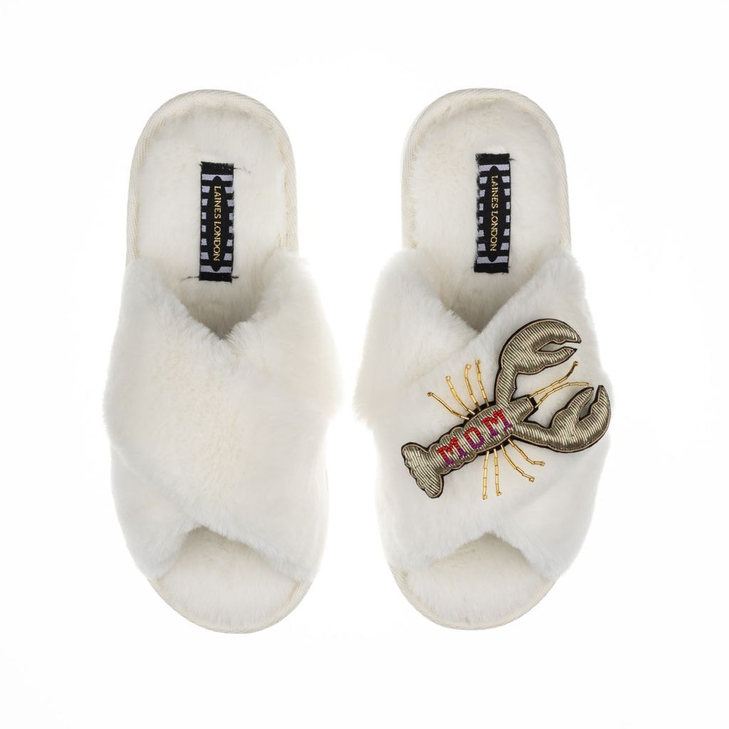Women's White Classic Laines Slippers With Deluxe Artisan Mom Lobster Brooch - Cream Small LAINES LONDON