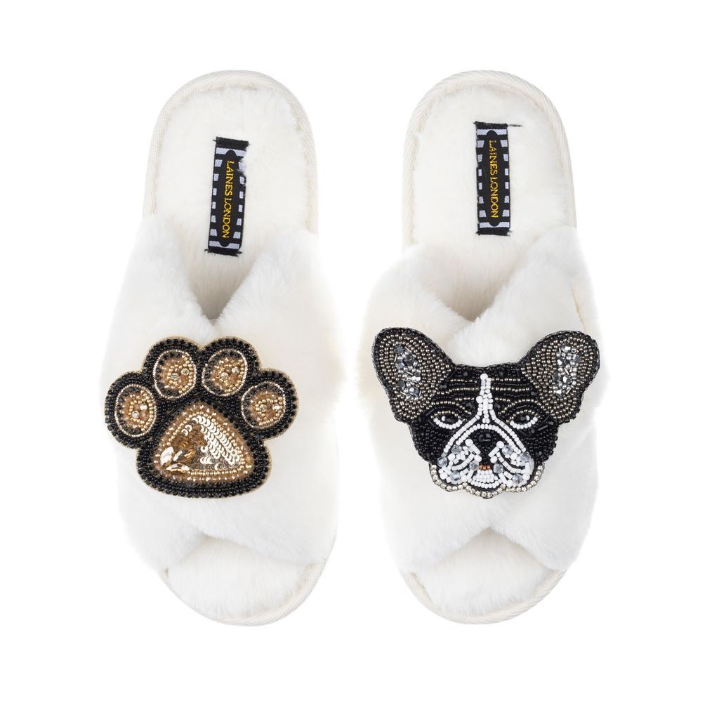 Women's White Classic Laines Slippers With Coco & Paw Brooches - Cream Small LAINES LONDON