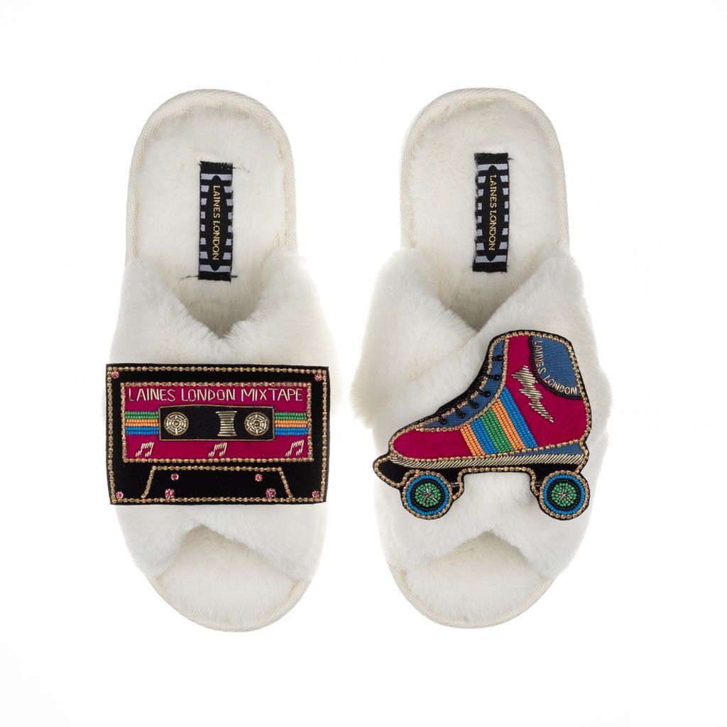 Women's White Classic Laines Slippers With Deluxe Retro Vibrant Roller-Boot & Mixtape Brooches - Cream Small LAINES LONDON