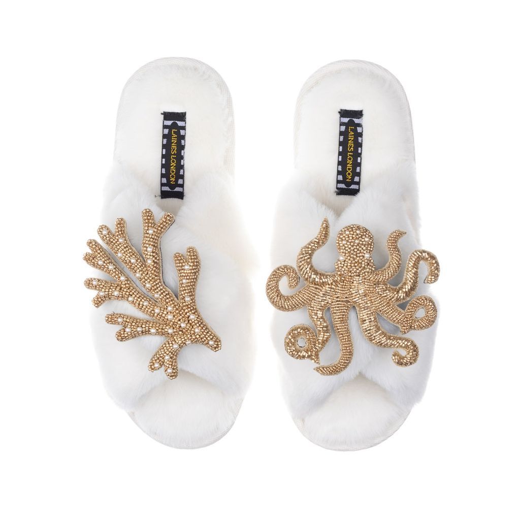 Women's White Classic Laines Slippers With Double Artisan Gold Coral & Octopus - Cream Small LAINES LONDON