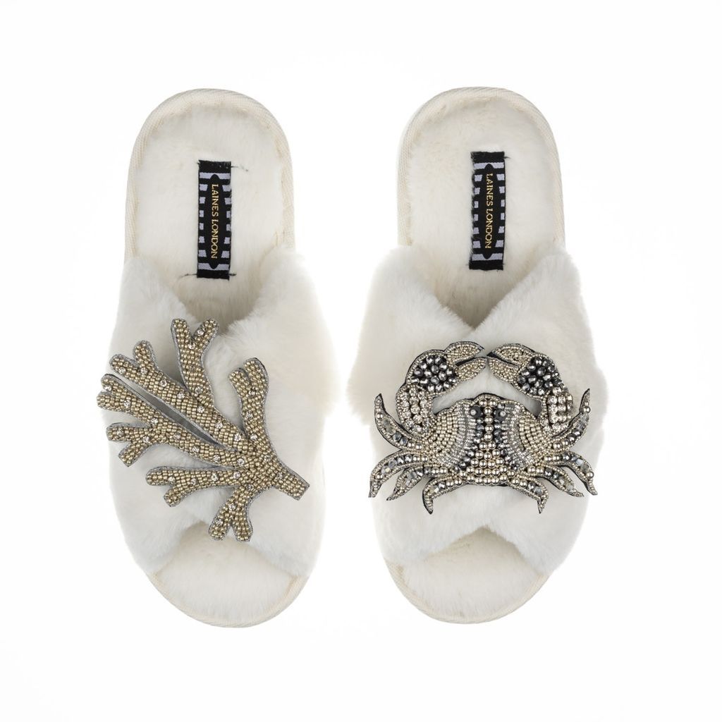 Women's White Classic Laines Slippers With Double Artisan Silver Coral & Crab - Cream Small LAINES LONDON