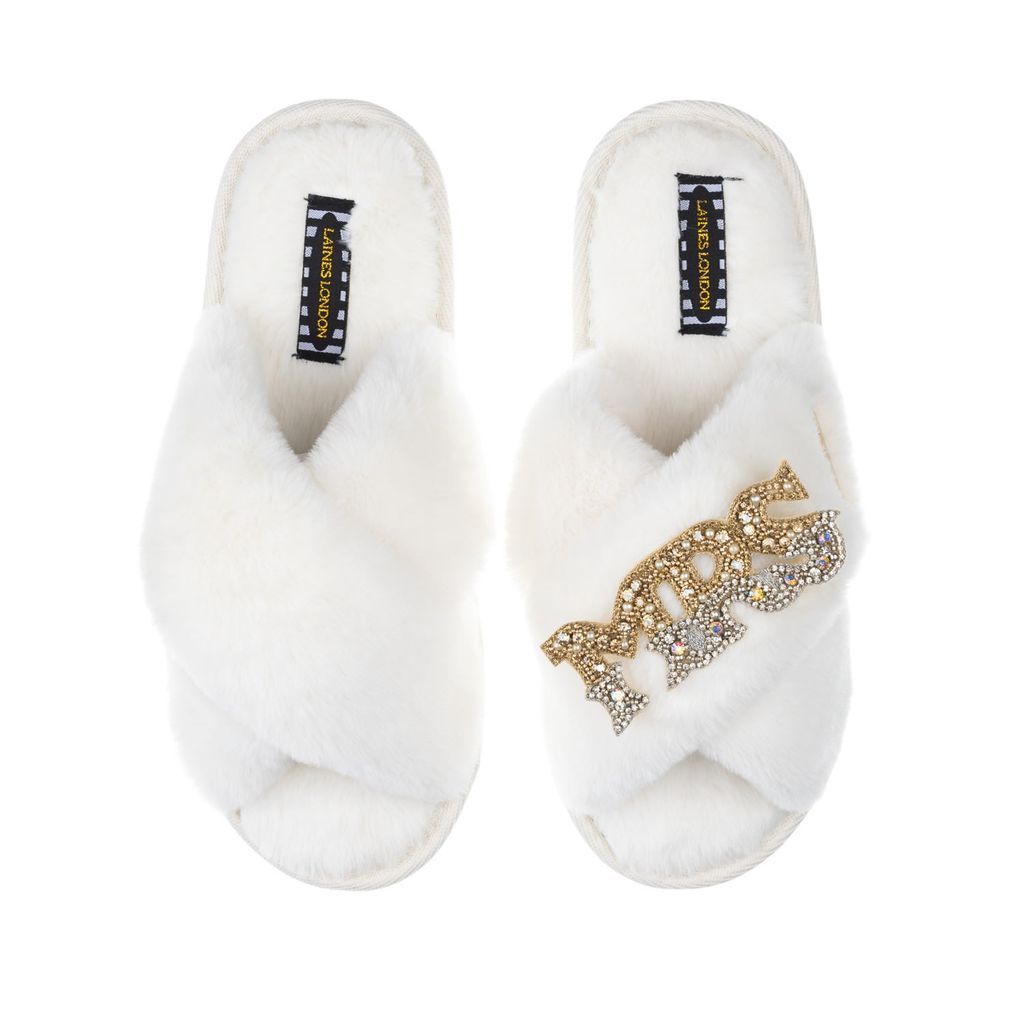 Women's White Classic Laines Slippers With Gold & Silver Mrs Brooch - Cream Small LAINES LONDON