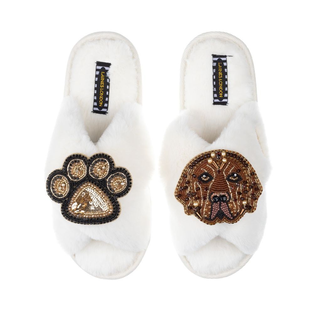 Women's White Classic Laines Slippers With Rocco & Paw Brooches - Cream Small LAINES LONDON