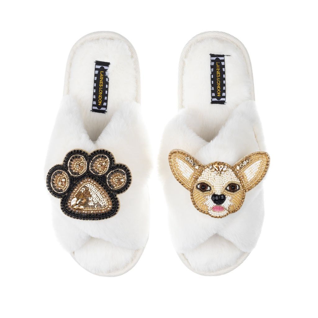 Women's White Classic Laines Slippers With Princess Chihuahua & Paw Brooches - Cream Small LAINES LONDON