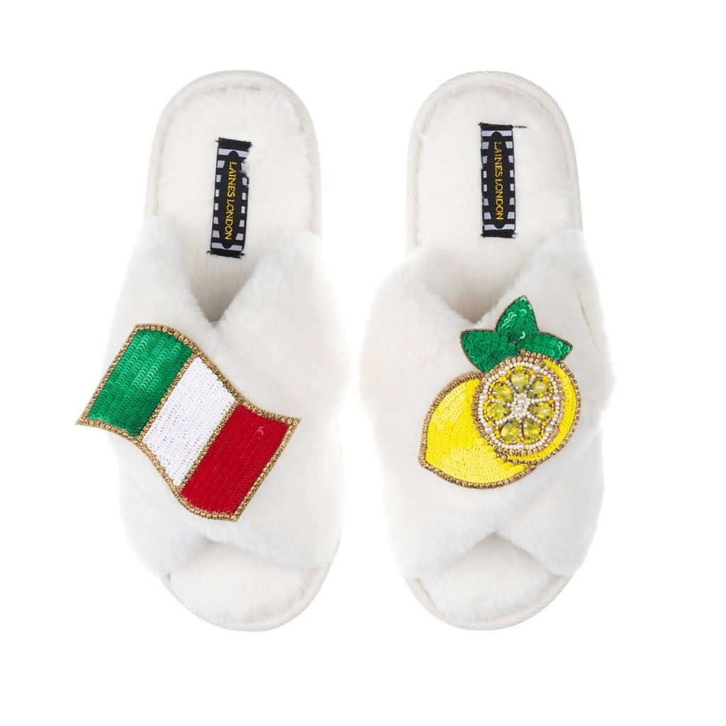 Women's White Classic Laines Slippers With The Amalfi Brooches - Cream Small LAINES LONDON