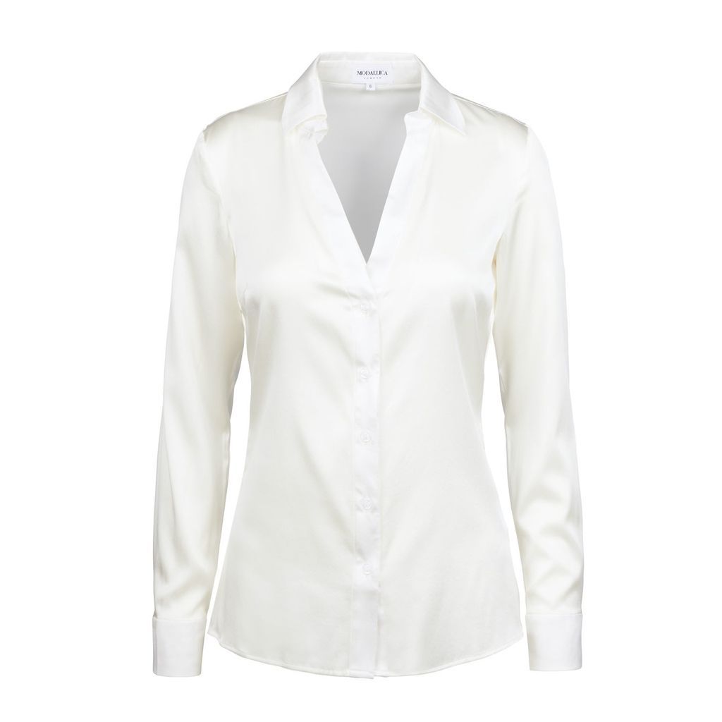 Women's White Cora 100% Organic Peace Silk Fitted Shirt With Open Cleavage Extra Small Modallica
