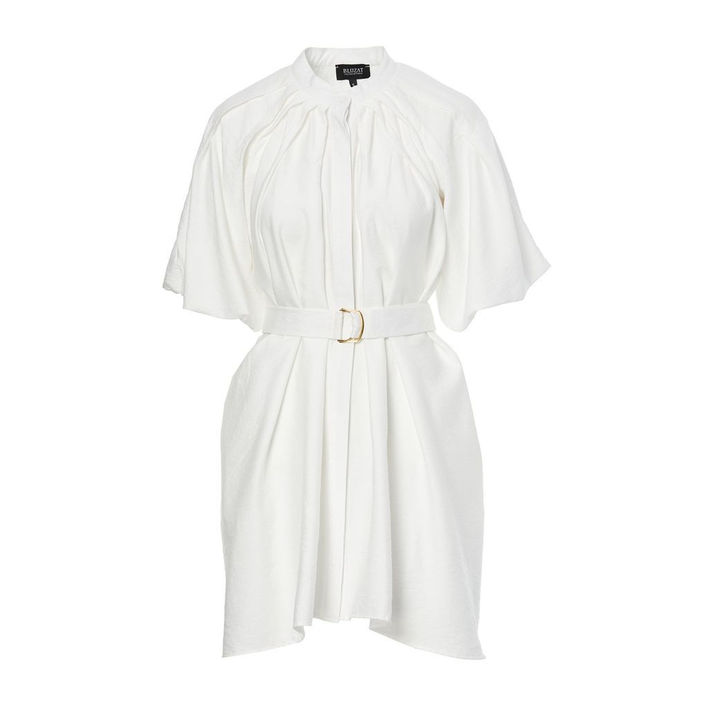 Women's White Mini Dress With Raglan Sleeve And Pleats Extra Small BLUZAT