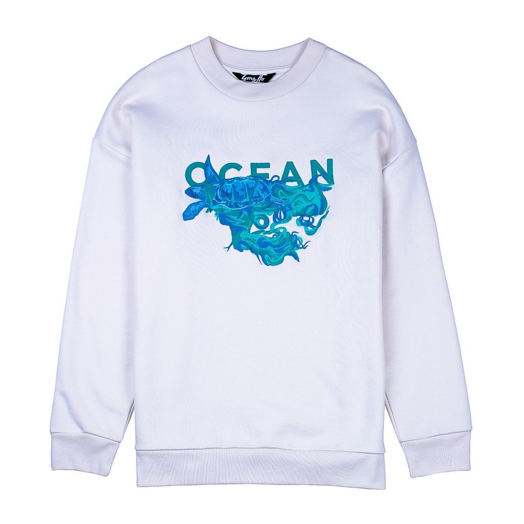 Women's White Ocean Embroidered Sweatshirt Large Gung Ho