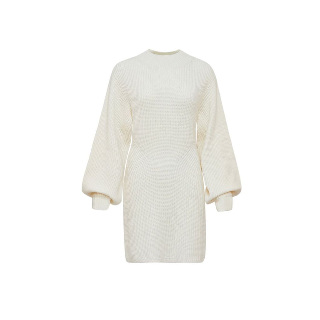Women's White Ribbed Puff Sleeves Side Open Dress Ivory Medium CHAMBRE DE FAN