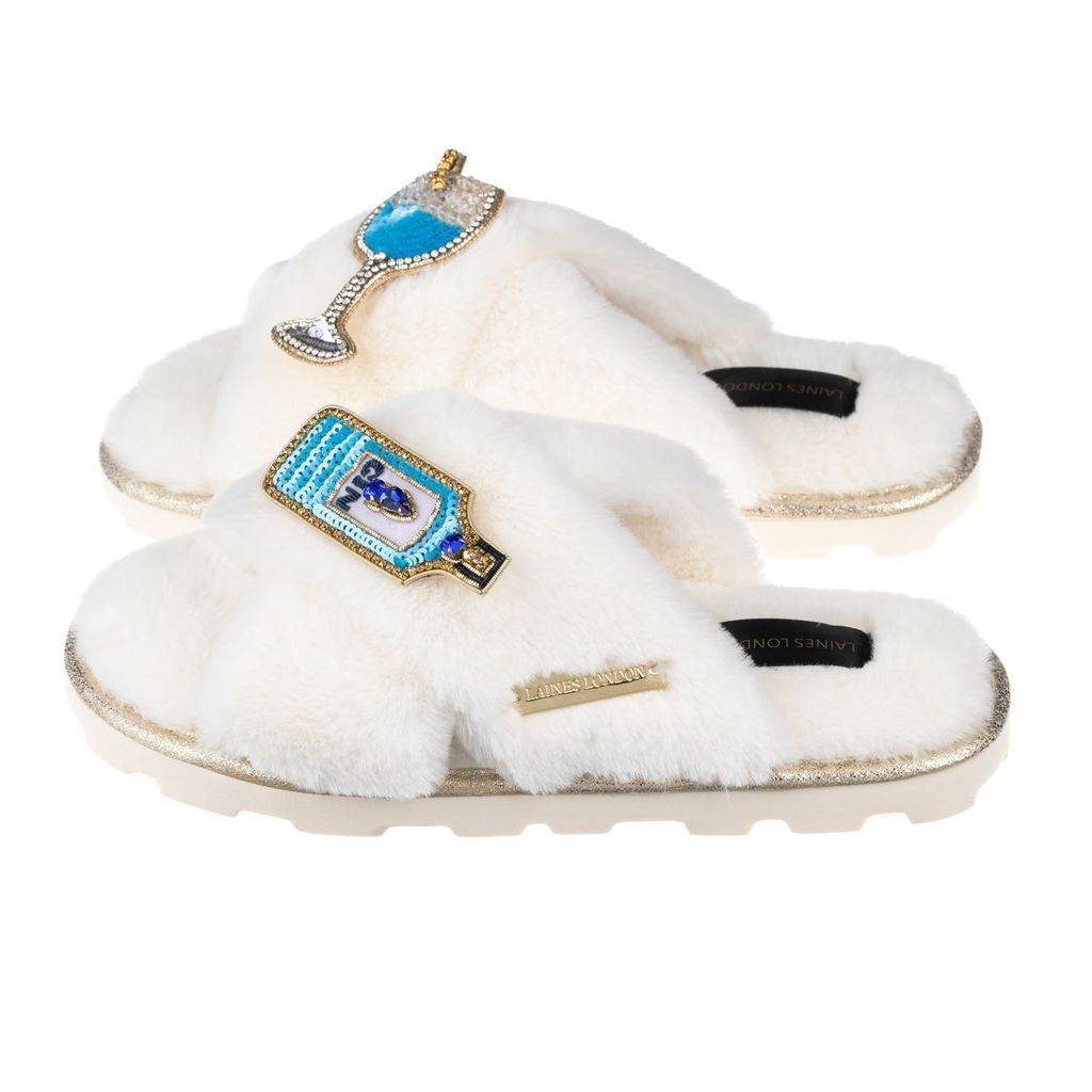 Women's White Ultralight Chic Laines Slipper Sliders With Blue Sapphire Gin Brooches Brooches - Cream Medium LAINES LONDON
