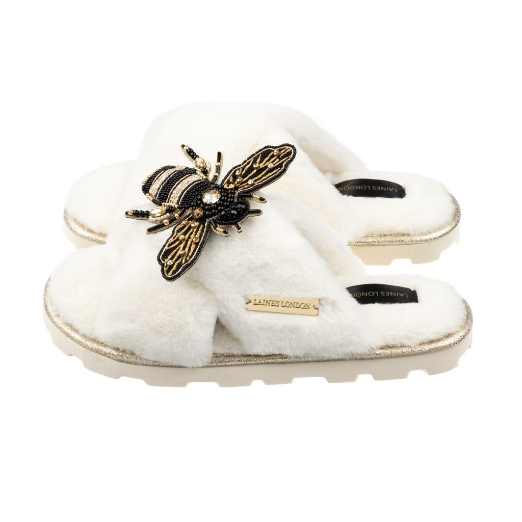 Women's White Ultralight Chic Cream Slipper Sliders With Artisan Golden Honey Bee Medium LAINES LONDON