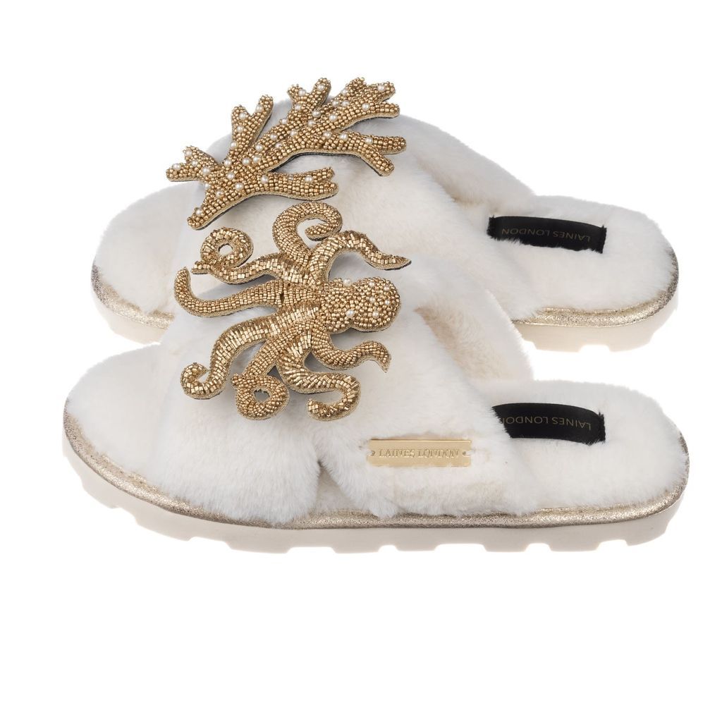 Women's White Ultralight Chic Slipper Sliders With Artisan Gold Octopus & Coral - Cream Medium LAINES LONDON