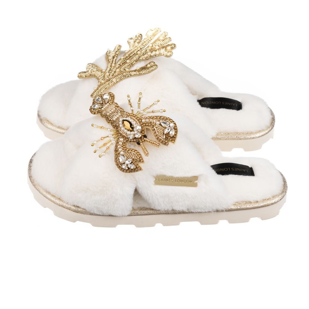 Women's White Ultralight Chic Slipper Sliders With Gold Lobster & Coral Brooches - Cream Medium LAINES LONDON
