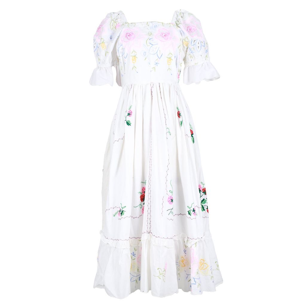 Women's White Upcycled Floral Embroidered Cotton Vintage Maxi Dress With Puffed Sleeves Small Sugar Cream Vintage