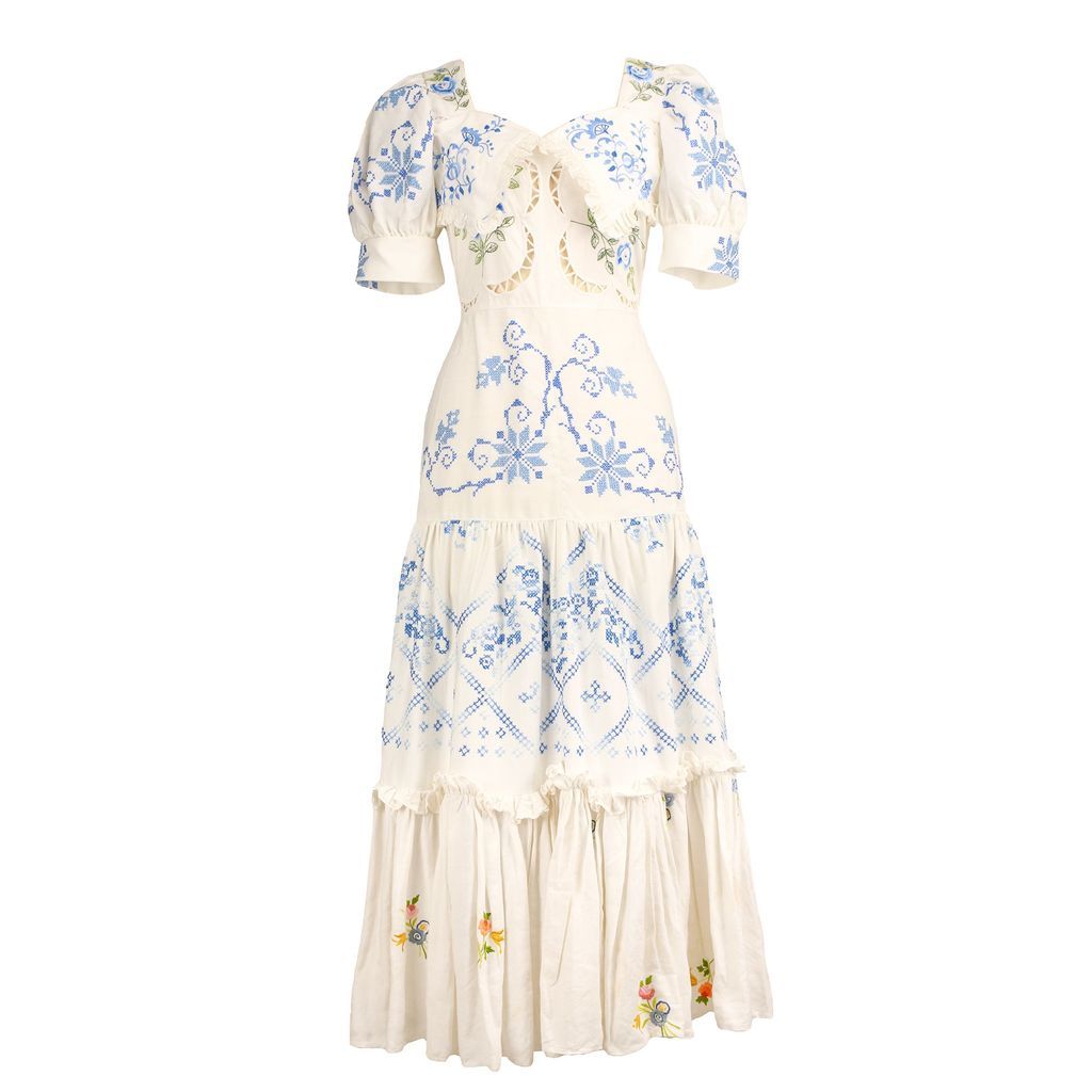 Women's White Upcycled Floral Embroidered Vintage Maxi Dress With Square Neck Small Sugar Cream Vintage