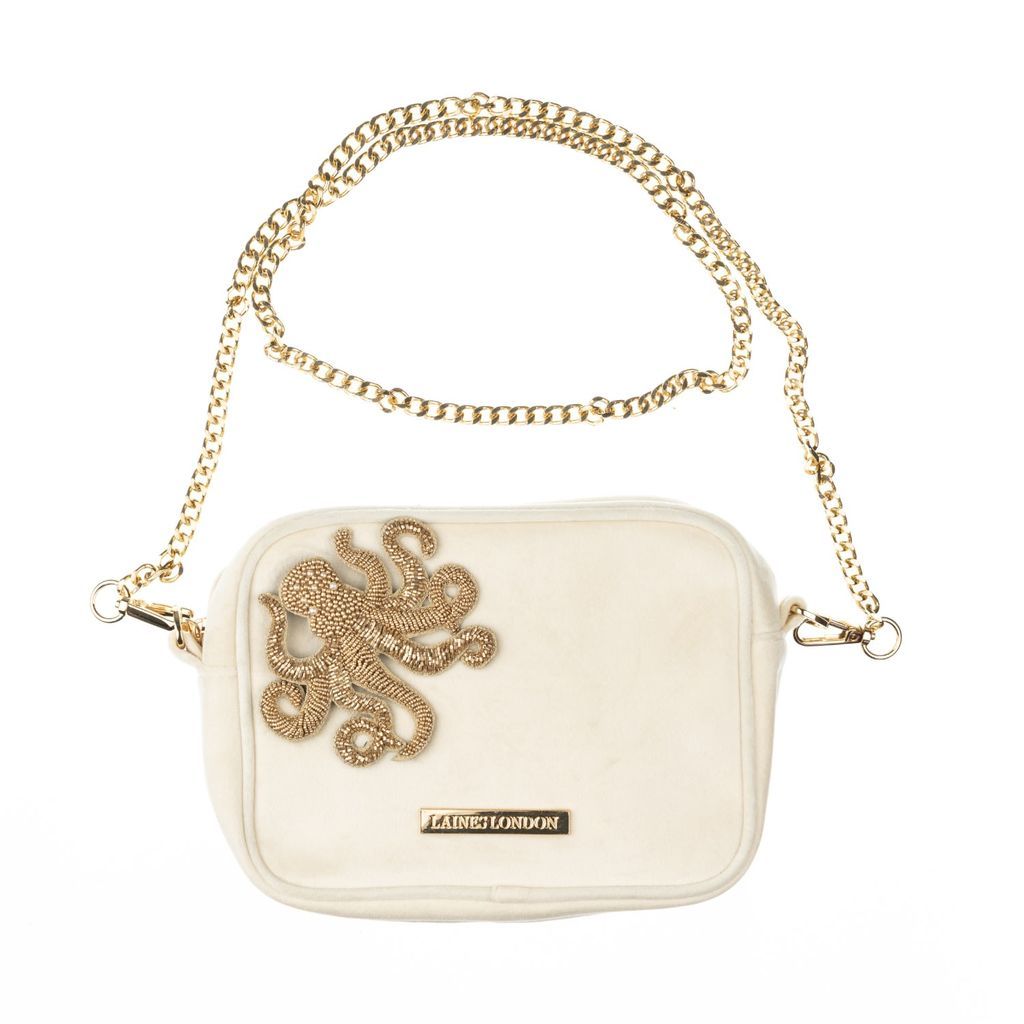 Women's White Velvet Handbag With Golden Octopus Brooch - Cream LAINES LONDON