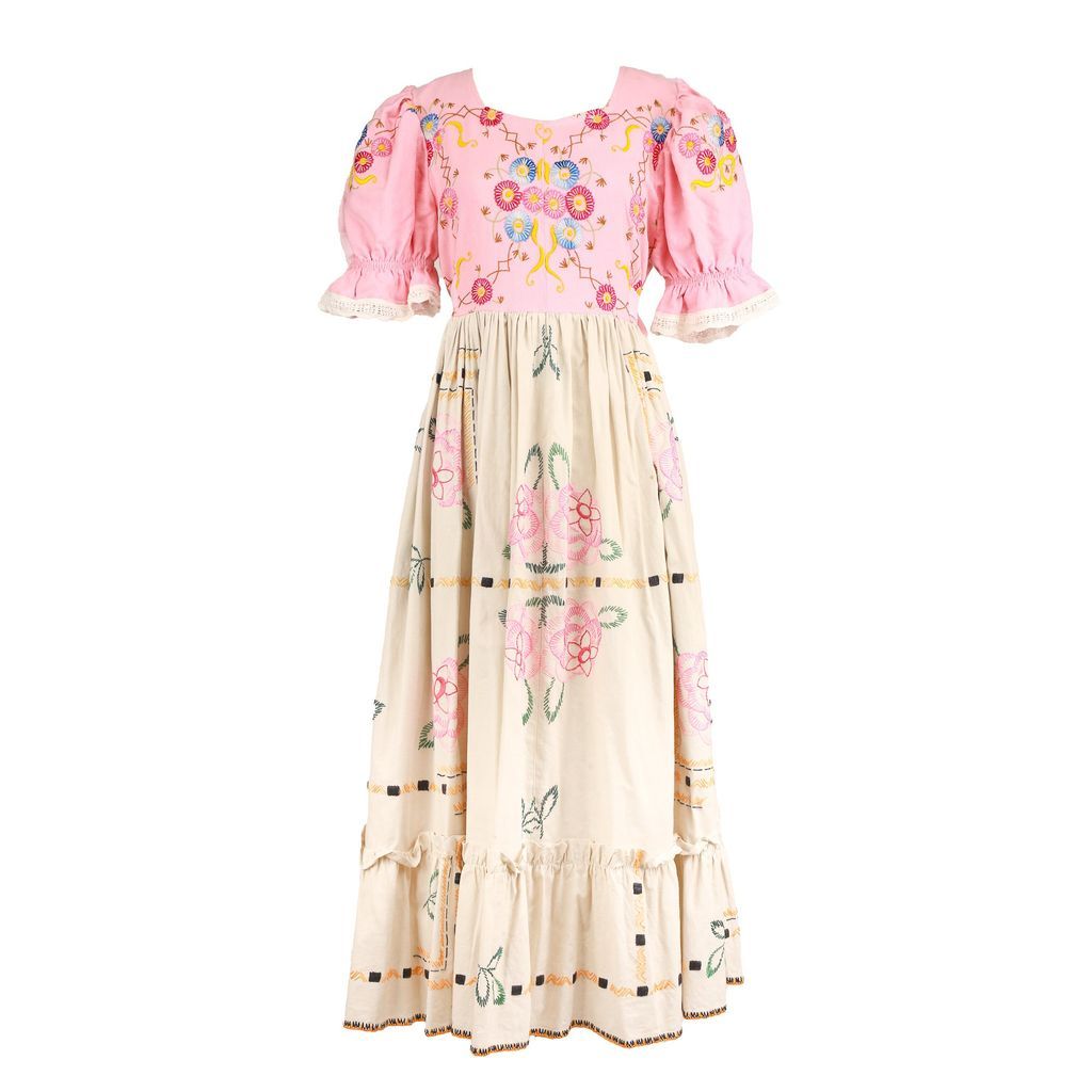 Women's White Vintage Upcycled Embroidered Pink Dress With Round Neckline Medium Sugar Cream Vintage