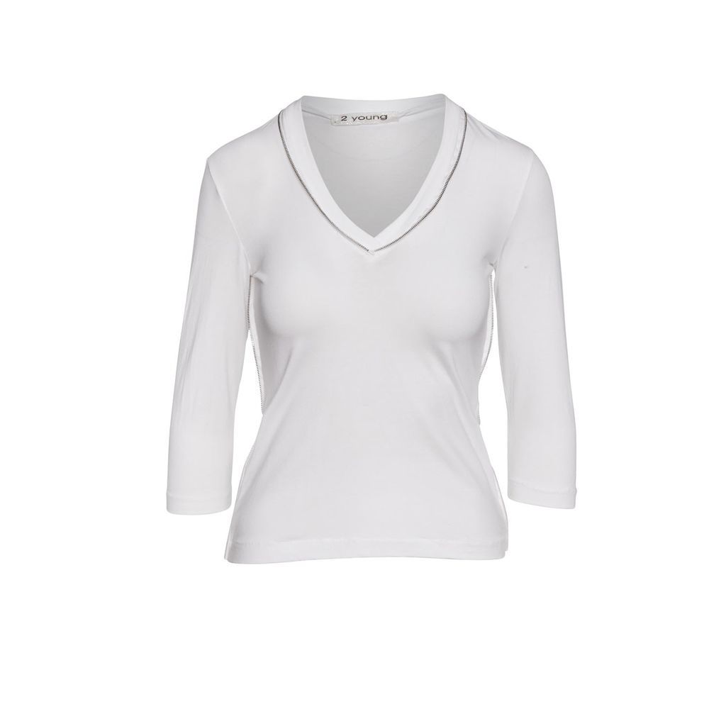 Women's White Zip Detail V Neck Top Medium Conquista