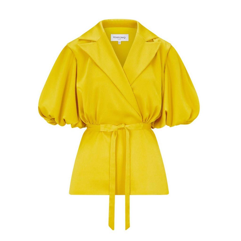 Women's Yellow / Orange Draped Puff Sleeve Satin Blouse - Golden Yellow Extra Small Femponiq