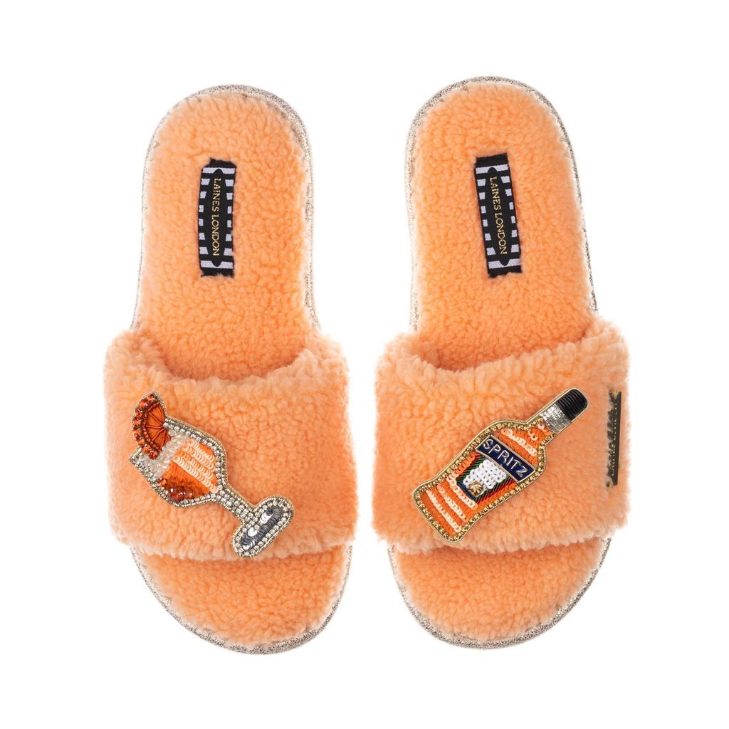 Women's Yellow / Orange Teddy Towelling Slipper Sliders With Artisan Summer Spritz Brooches - Coral Orange Small LAINES LONDON