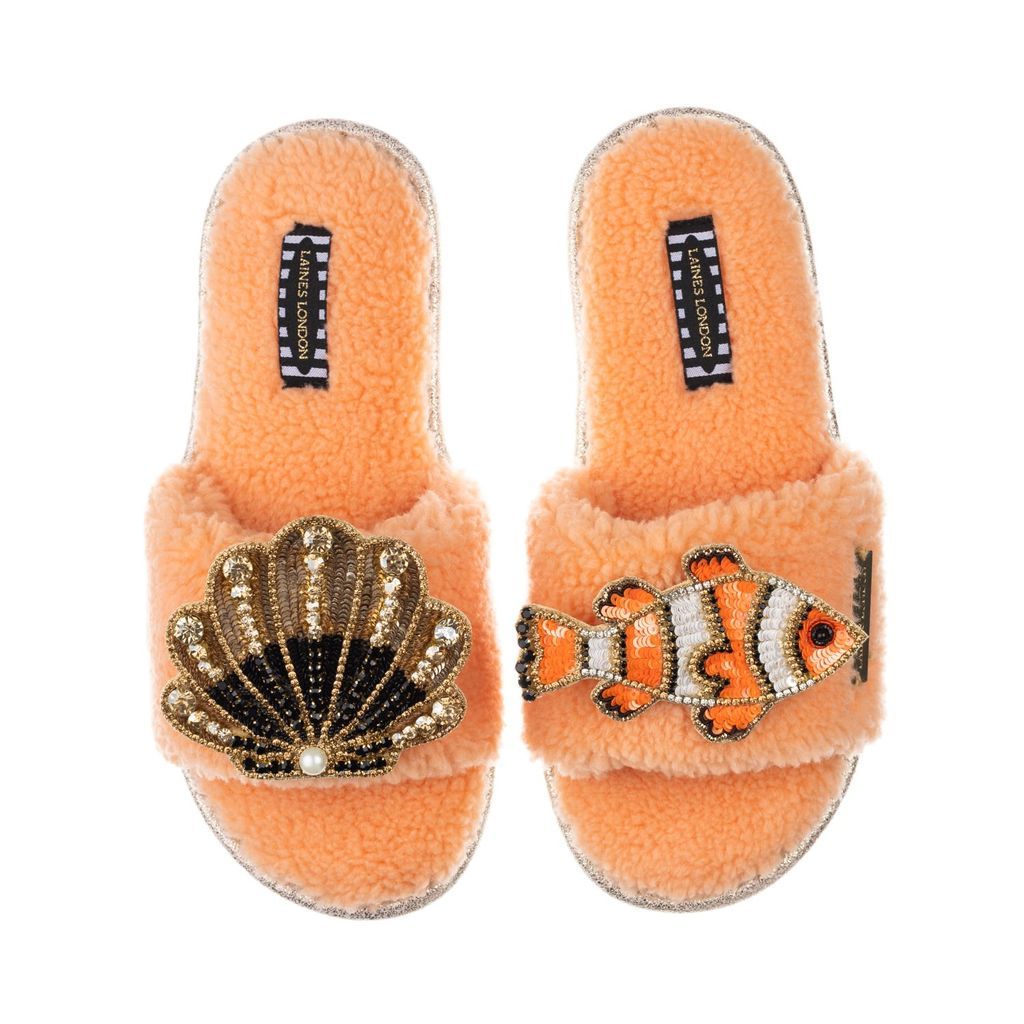 Women's Yellow / Orange Teddy Towelling Slipper Sliders With Clown Fish & Black & Gold Shell Brooches - Coral Orange Small LAINES LONDON