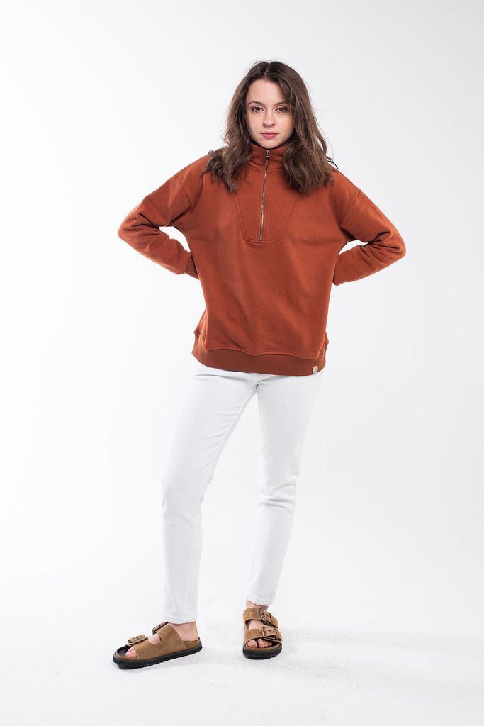 Women's Zipped Neck Sweatshirt - Red Brown Small Bee & Alpaca