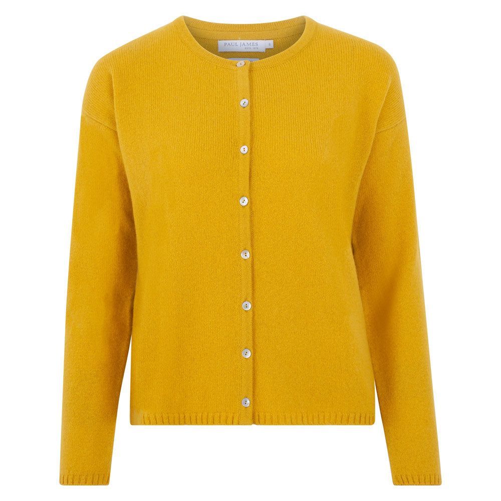 Yellow / Orange Womens Midweight 100% Lambswool Crew Neck Leona Cardigan - Piccalilli Medium Paul James Knitwear