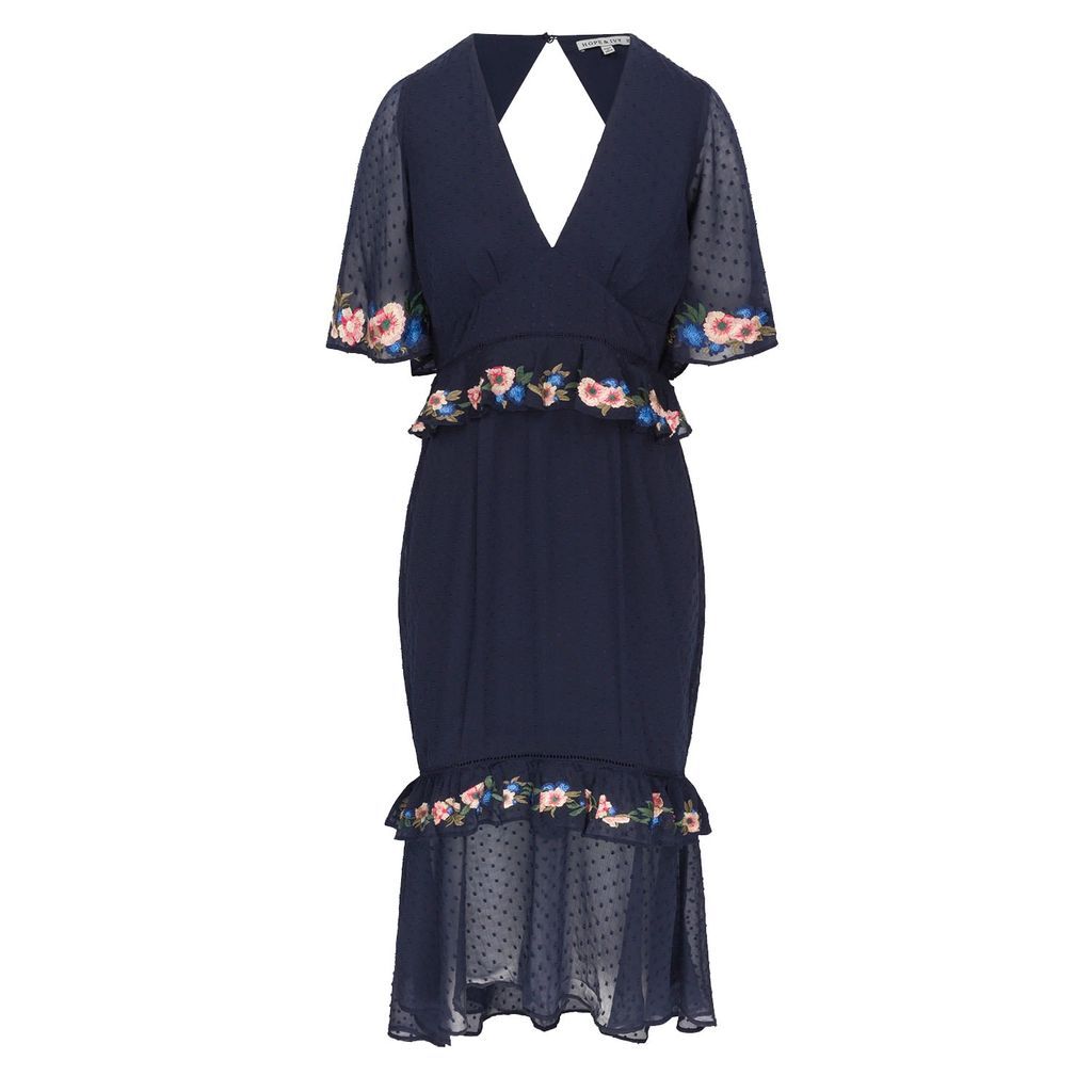 Women's Blue The Lucy Embroidered Midi Tea Dress With Peplum Waist And Tiered Ruffle Skirt Small Hope and Ivy
