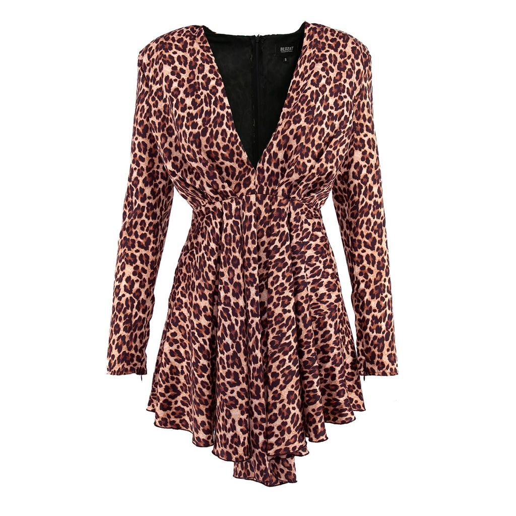 Women's Brown Assymetrical Mini Dress With 'V' Neckline In Animal Print Extra Small BLUZAT