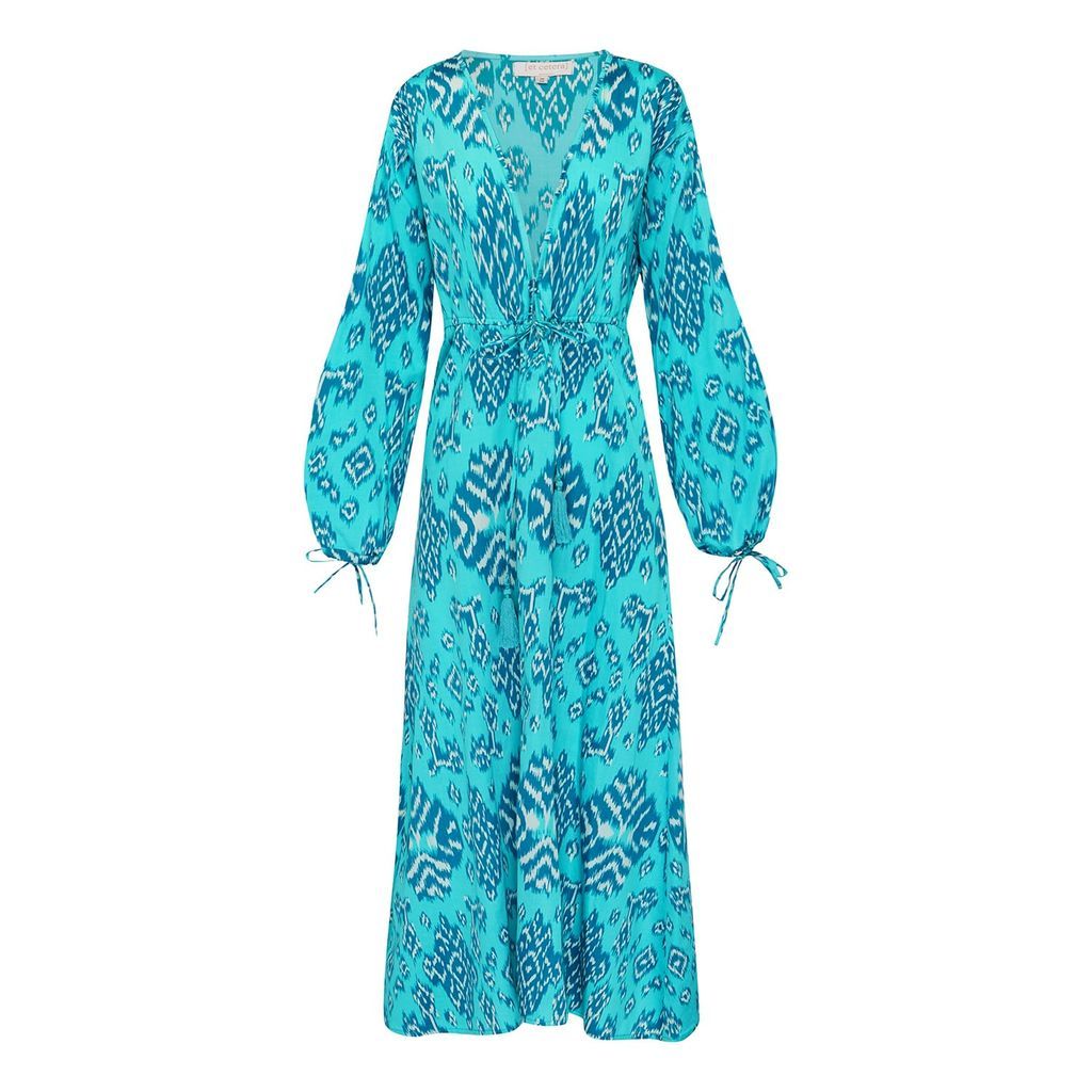 Women's Blue Enchanted Deep V Front Long Sleeve Midi Dress - Cotton One Size [et cetera] WOMAN